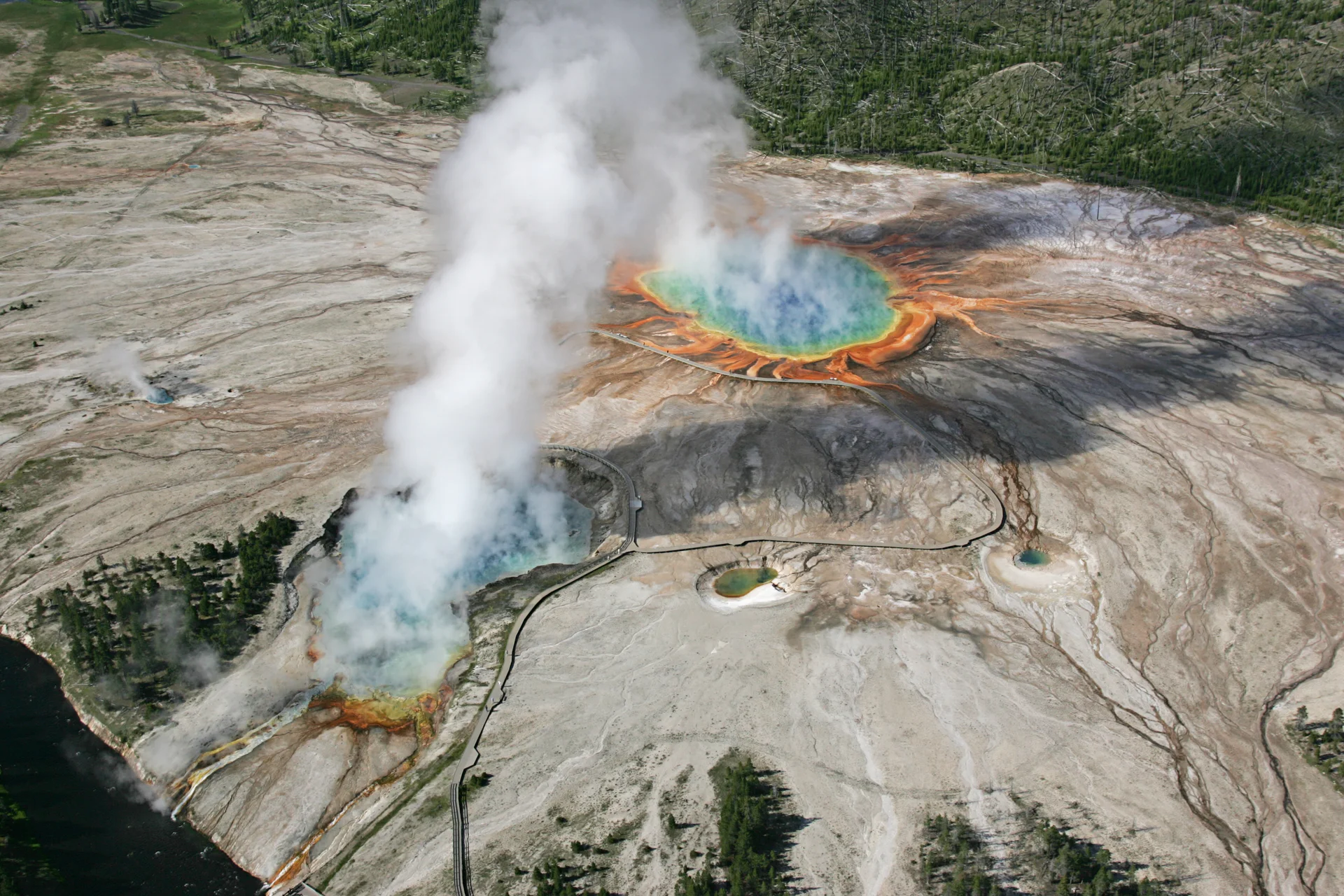 Aerial view of Grand Prismatic Spring and Excelsior Geyser in Yellowstone