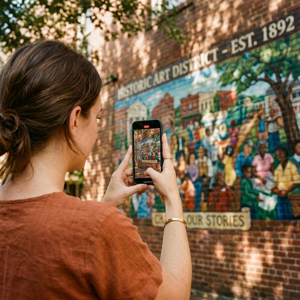 Visitor exploring a mural